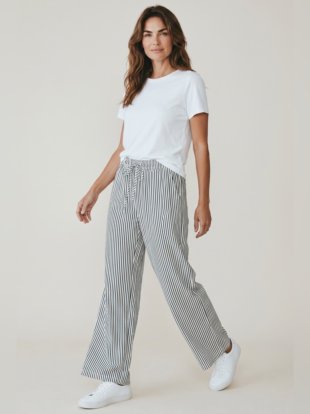 Vertical Stripe Wide-Leg Drawstring Pants - Black/White